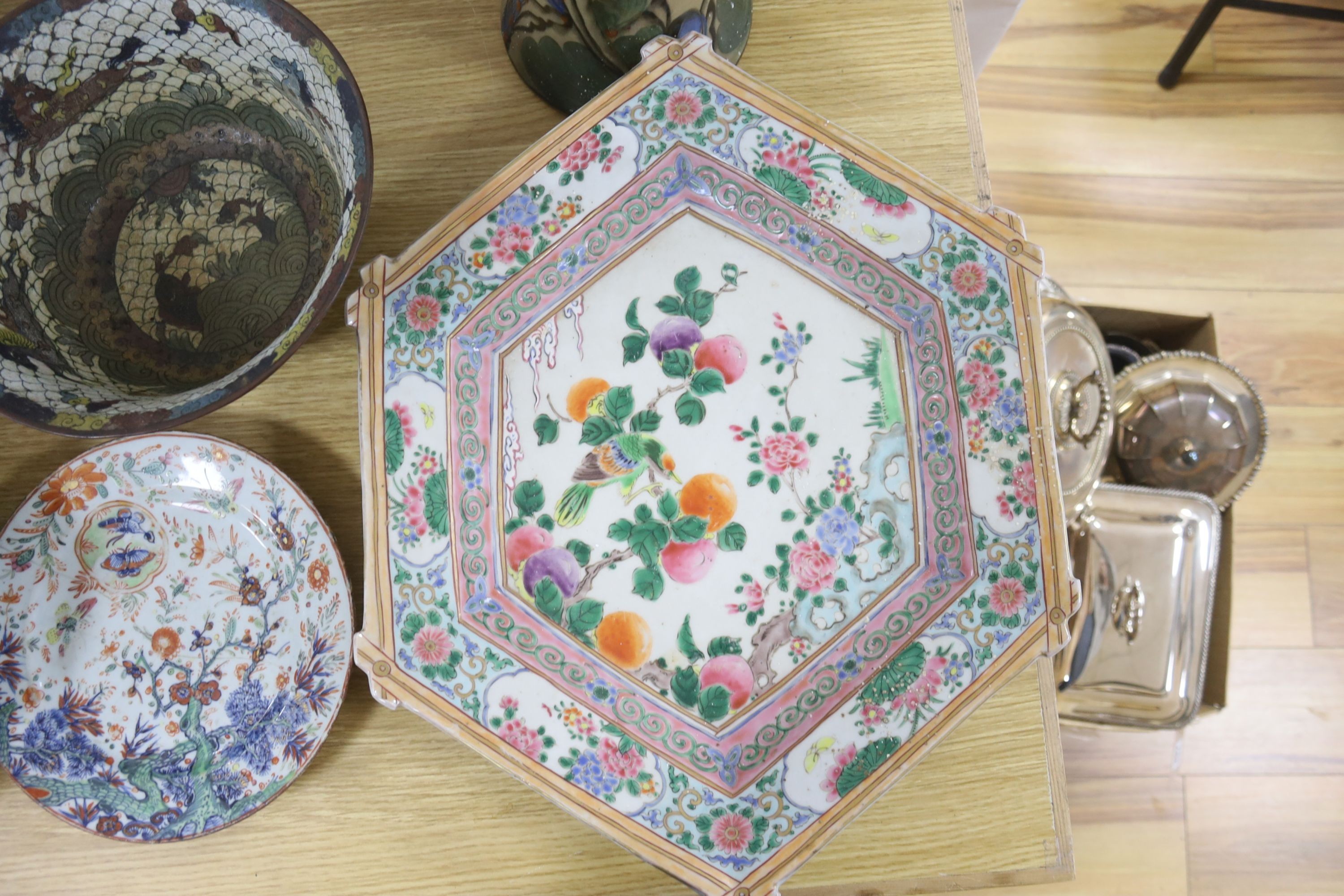 A large Japanese porcelain diamond shaped dish, 47cm, a Japanese cloisonné enamel ‘horses’ bowl, in Ming style, a Chinese famille rose bowl, a continental art pottery vase etc